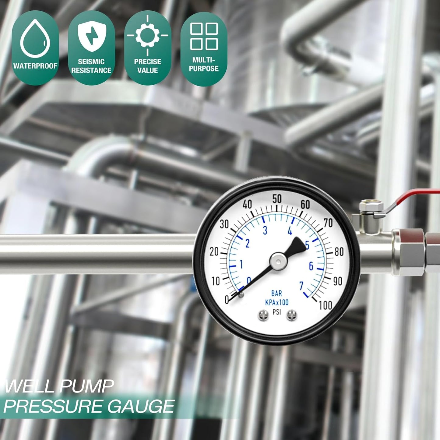 0-100psi Well Pump Pressure Gauge 1/4" NPT 2" Face Dial Size Back Mount, Multifunctional Practical Dry Pressure Gauge, for Water, Oil and Air Compressor