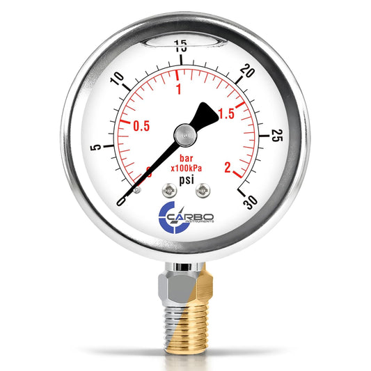 Stainless Steel Pressure Gauge Dual Display (0-30 psi/kPa) - 2 1-2" Glycerine Liquid Filled Water Air Oil Gas Gauge with Polycarbonate Lens & Brass Connection - 1/4" NPT Lower Mount
