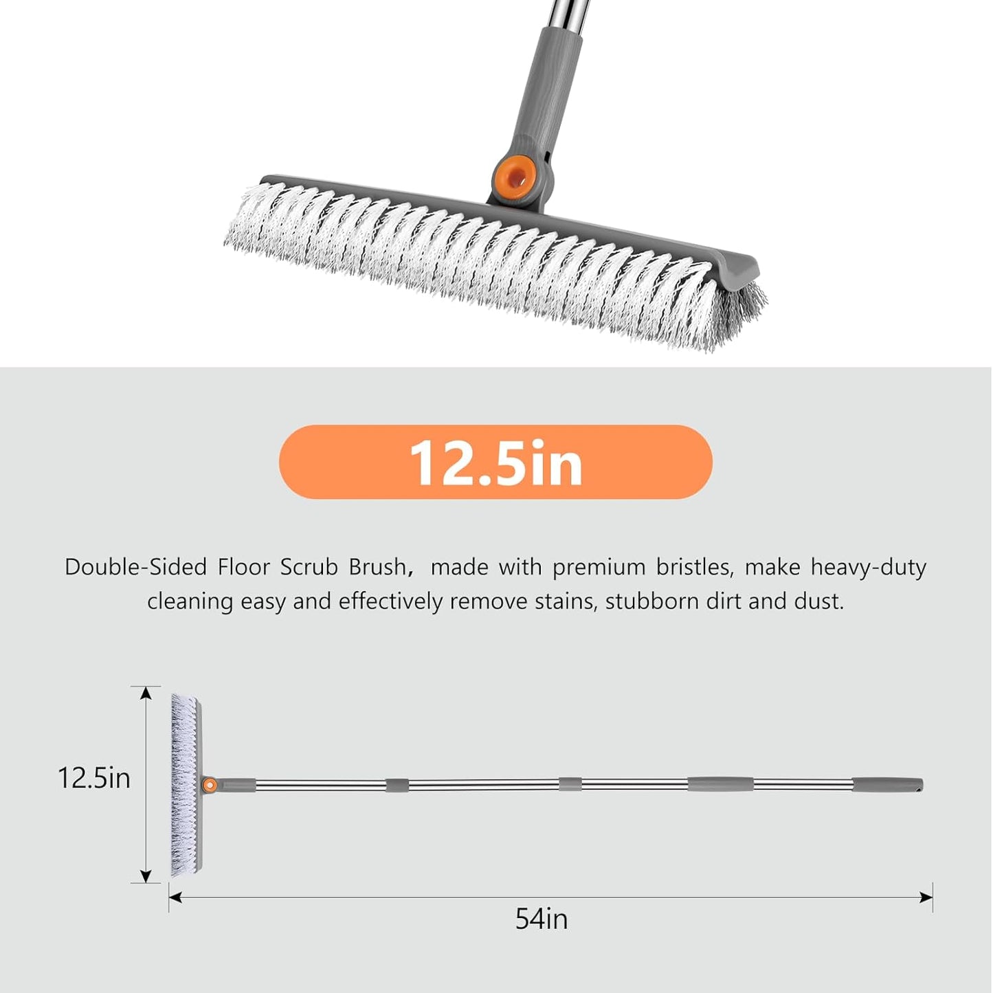Large Double-Sided Floor Scrub Brush, Long Adjustable Handle Floor Scrubber 180° Rotating V-Shaped Heavy-Duty Shower Cleaning Brush No Scratches Suitable for Floor, Tile, Tub, Bathroom, 12.5IN