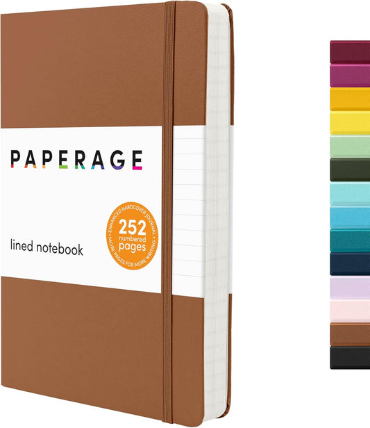 PAPERAGE Lined Journal Notebook, (Cognac), 252 Pages, Medium 5.6 in x 8 in - 100 GSM Thick Paper – Hardcover Journaling Notebook for Work, School & Note Taking