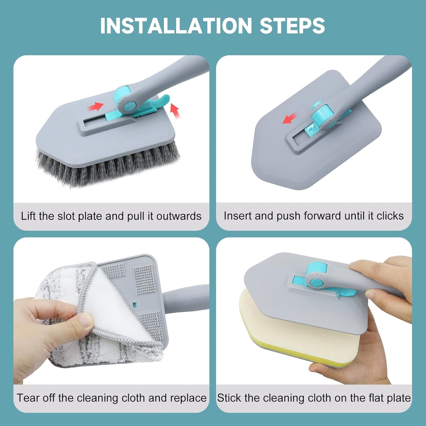 nacena Shower Scrubber with Long Handle, 3 in 1 Tile Tub Scrubber Brush with 3 Detachable Cleaning Heads Adjustable Handle Shower Cleaner Brush for Bathroom, Kitchen, Toilet, Wall, Sink, Black Grey