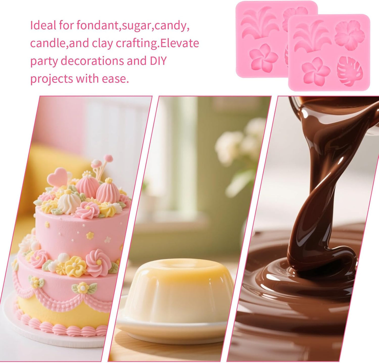 2 Pcs Tropical Flowers and Leaves Silicone Mold Set Plumeria,Hibiscus,Monstera Leaf for Diy Chocolate,Candy,Gummy Molds,Fondant,Cupcake Topper,Hawaiian Party Decoration(Pink)