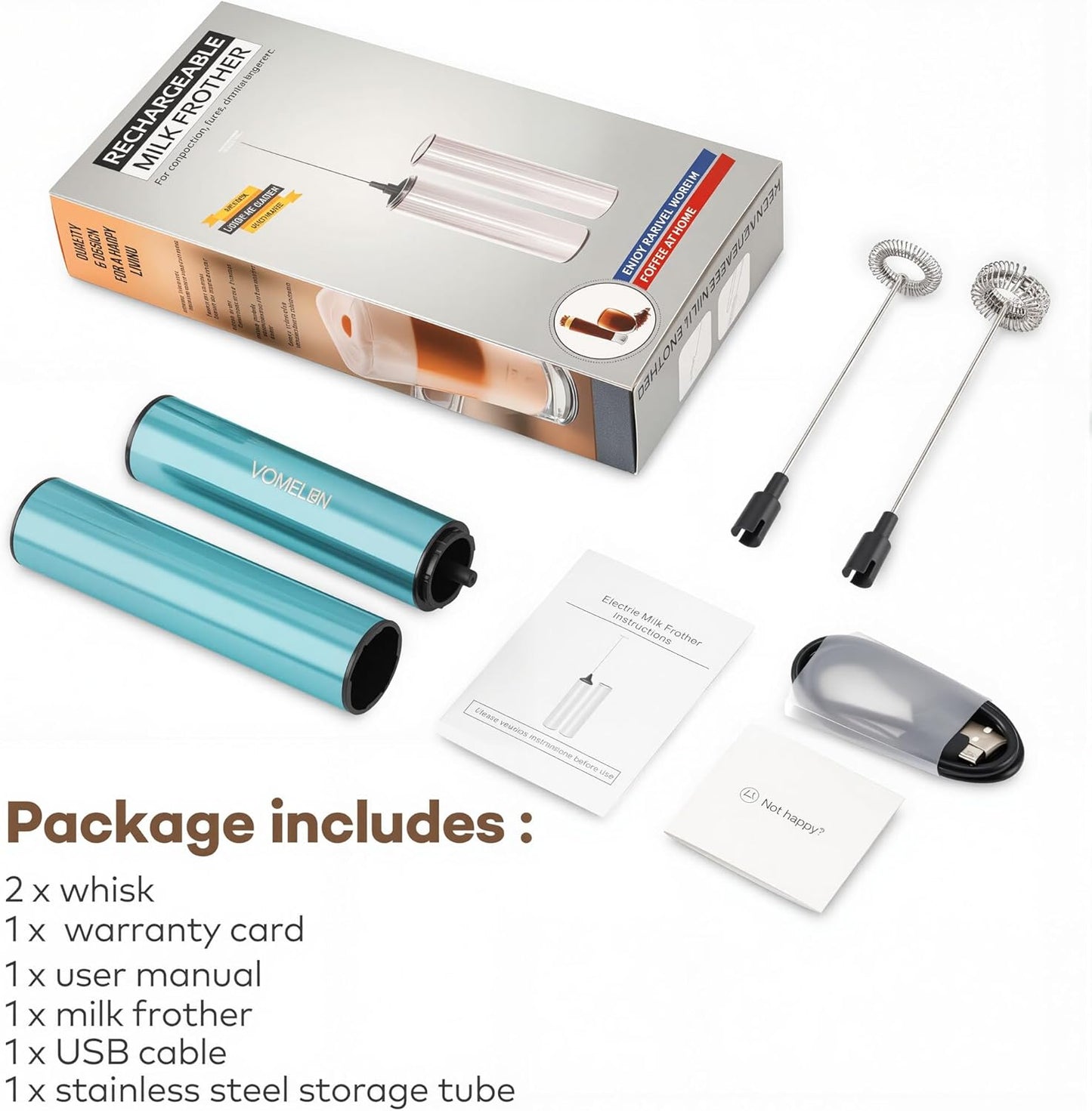 Rechargeable Milk Frother Handheld Electric Frother Wand Milk Foamer Drink Mixer for Coffee, Lattes, Cappuccino, and Egg, Stainless Steel for Travel-Light Blue