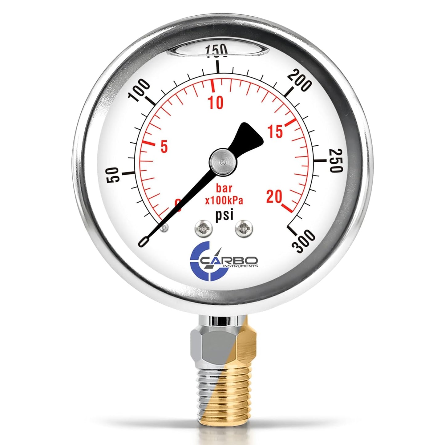 Stainless Steel Pressure Gauge Dual Display (0-300 psi/kPa) - 2 1-2" Glycerine Liquid Filled Water Air Oil Gas Gauge with Polycarbonate Lens & Brass Connection - 1/4" NPT Lower Mount