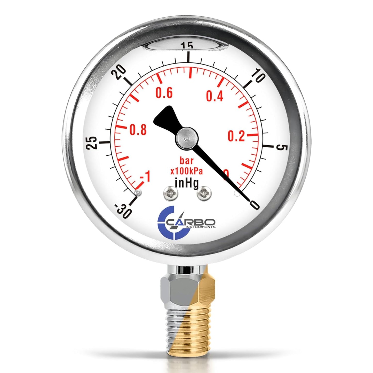 Stainless Steel Pressure Gauge Dual Display (-30 Hg/0 psi/kPa) -2 1-2" Glycerine Liquid Filled Water Air Oil Gas Gauge with Polycarbonate Lens & Brass Connection-1/4 NPT Lower Mount