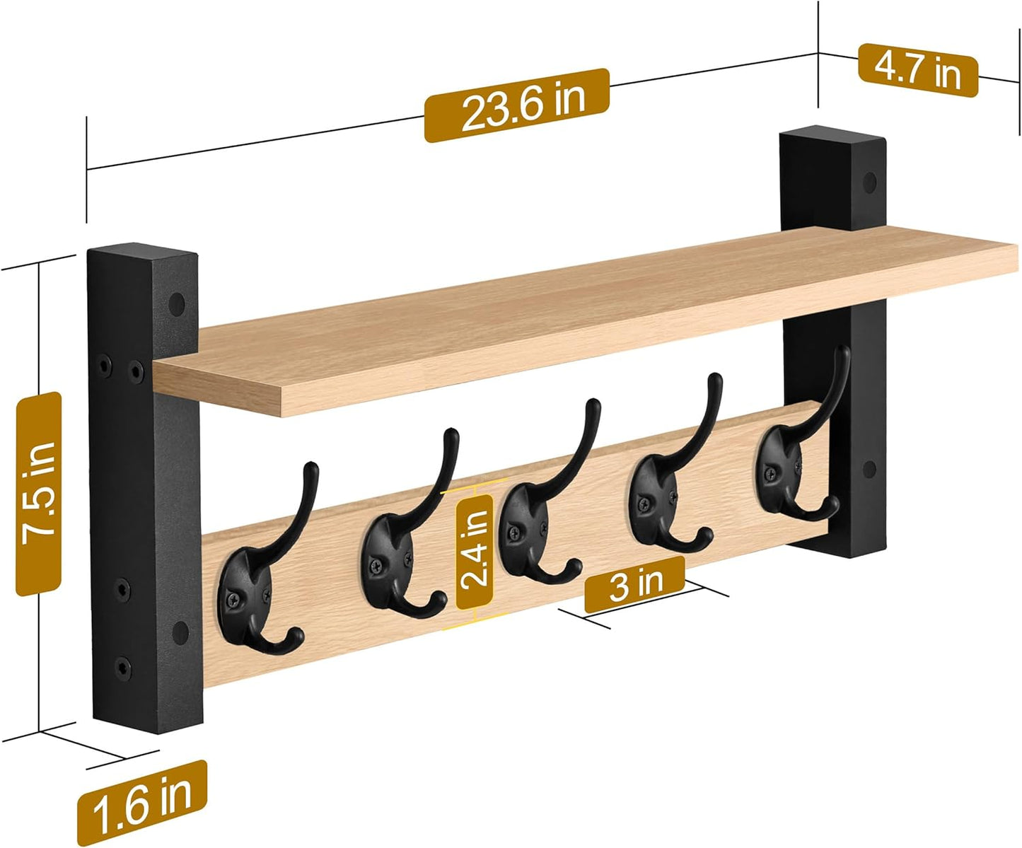 Sorbus Coat Hooks Wall Mount with Shelf – 24 Inch Coat Rack Wall Mount with 5 Heavy Duty Hooks – Floating Wall Shelf with Hooks for Entryway, Bathroom, Bedroom, Kitchen, or Mudroom (Maple Wood)