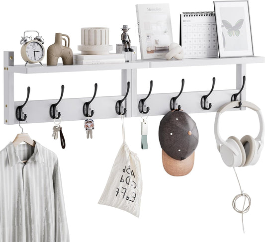 Coat Rack with Shelf Wall Mount, Entryway Bamboo Hanging Shelf, Set of 2, Wall Hook Rail for Hallway Décor, Storage Clothe, Hat, Robe, Key, Dog Leash (White+Black)