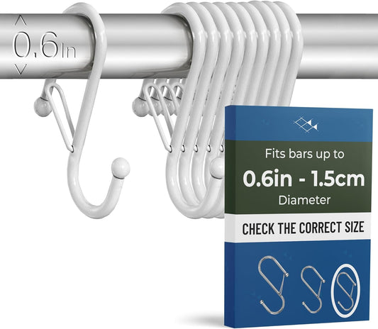 10-Pack Metal S Hooks for Hanging – Heavy-Duty S-Shaped Hooks with Safety Buckle – Fits Bars up to 0.6 in – Anti-Drop Hooks for Kitchen, Pot Racks & Towel Bars – White (Small)