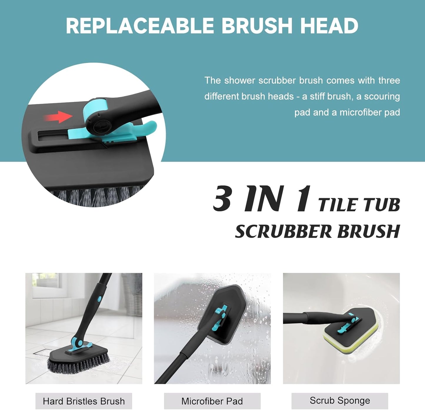 nacena Shower Scrubber with Long Handle, 3 in 1 Tile Tub Scrubber Brush with 3 Detachable Cleaning Heads Adjustable Handle Shower Cleaner Brush for Bathroom, Kitchen, Toilet, Wall, Sink, Black