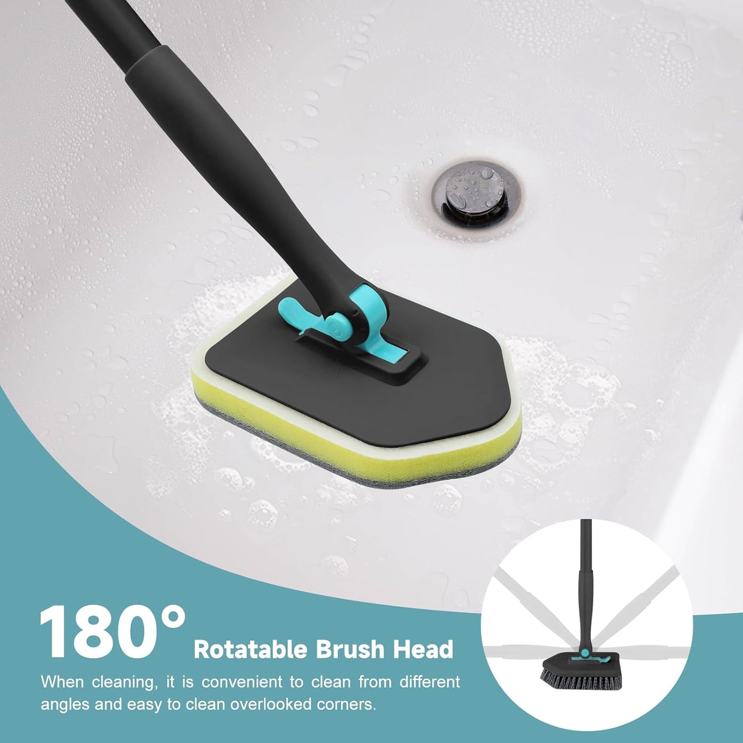 nacena Shower Scrubber with Long Handle, 3 in 1 Tile Tub Scrubber Brush with 3 Detachable Cleaning Heads Adjustable Handle Shower Cleaner Brush for Bathroom, Kitchen, Toilet, Wall, Sink, Black