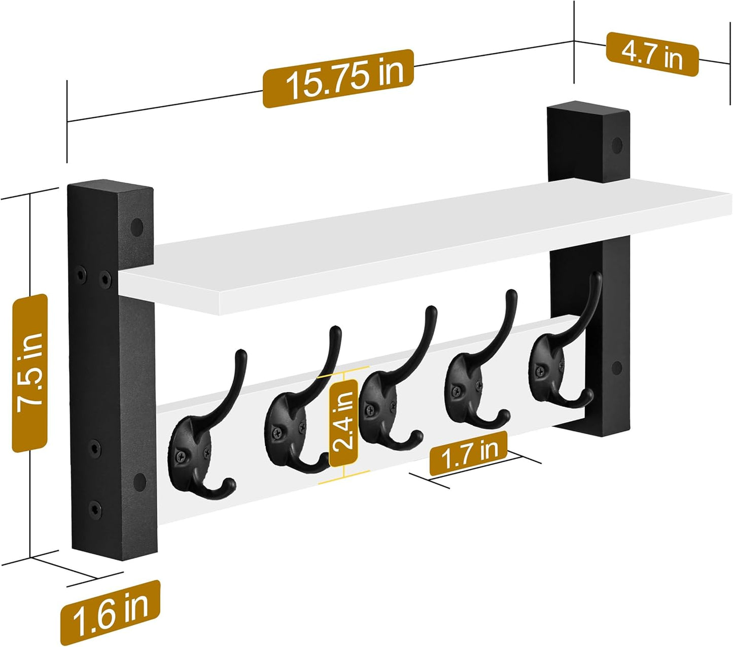 Sorbus Coat Hooks Wall Mount with Shelf – 16 Inch Coat Rack Wall Mount with 5 Heavy Duty Hooks – Floating Wall Shelf with Hooks for Entryway, Bathroom, Bedroom, Kitchen, or Mudroom (White)