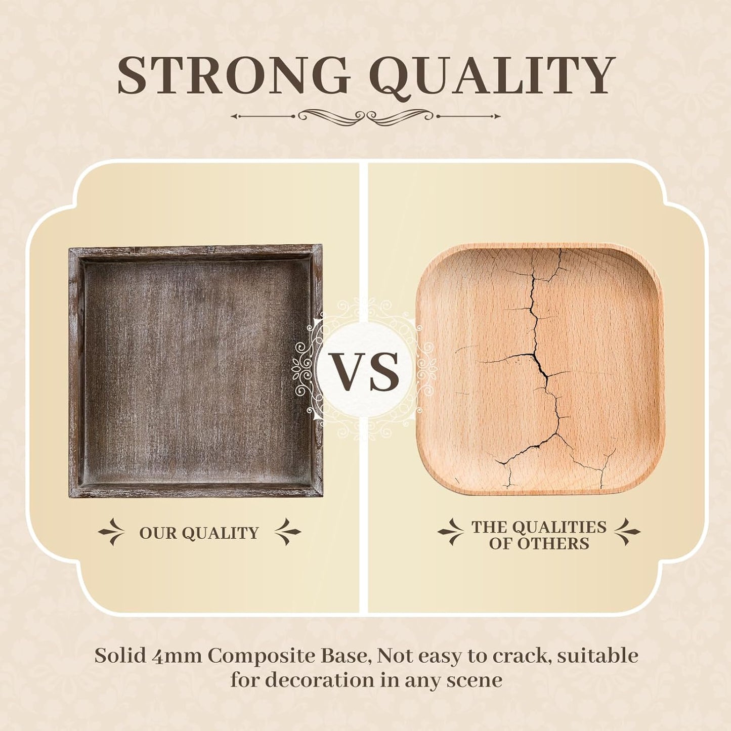 Wooden Decorative Tray, Small Serving Tray with Wood Bead, Farmhouse Big Tray for Ottoman, Countertop, Coffee Tabl, 13" x 13"x 1.6" (Retro Brown)