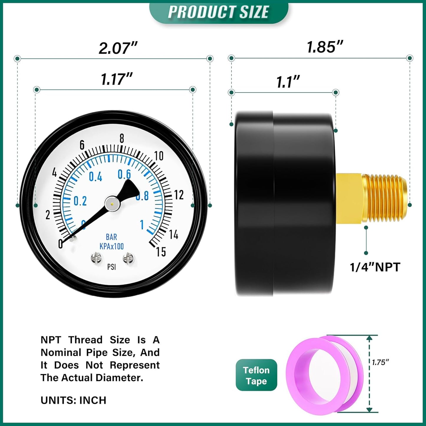 0-15PSI Well Pump Pressure Gauge 2" Dial Size, 1/4" NPT Back Mount, 3-2-3% Accuracy, for Tube, Water Pump, Gas, Liquid, Pressure Test