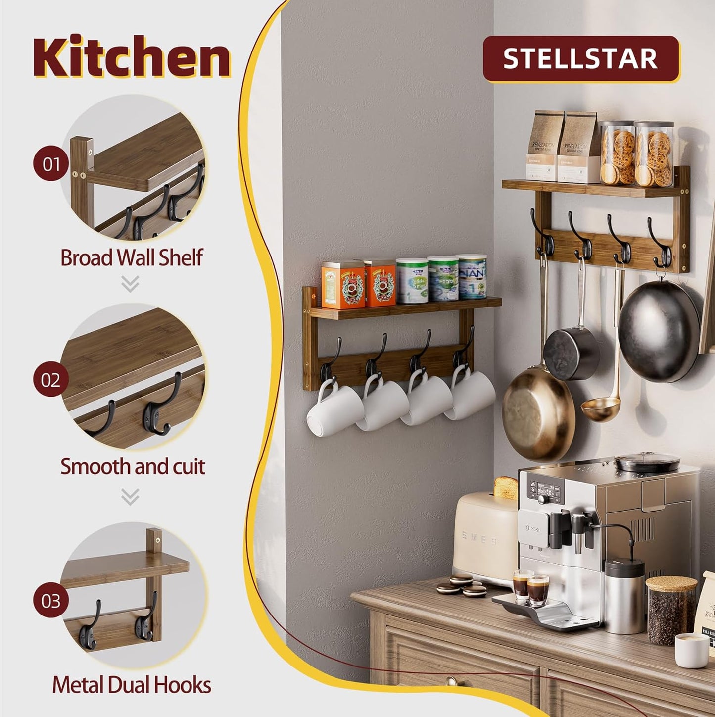 Coat Rack with Shelf Wall Mount, Entryway Bamboo Hanging Shelf, Set of 2, Wall Hook Rail for Hallway Décor, Storage Clothe, Hat, Robe, Key, Dog Leash (Walnut)