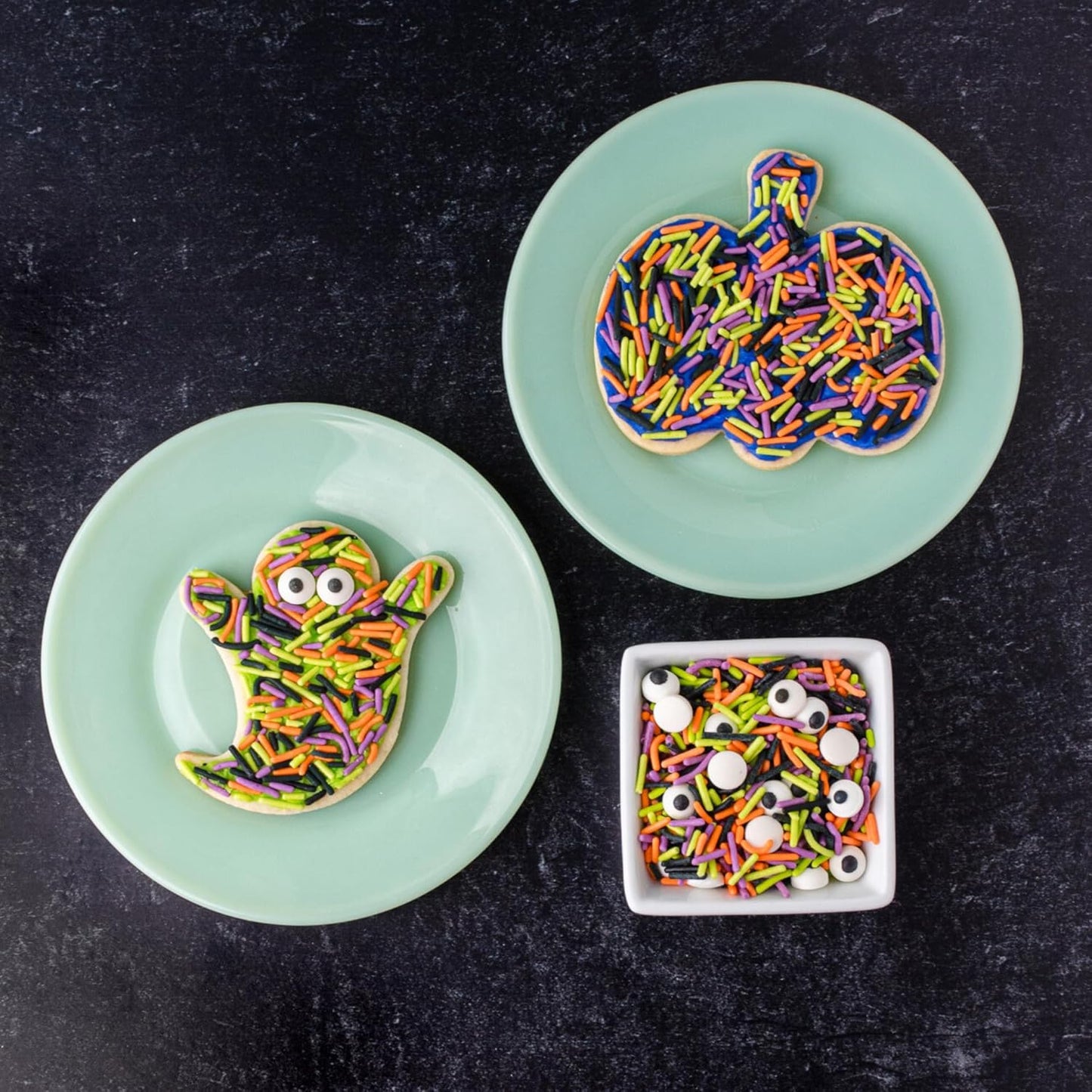 Sweets Indeed Halloween Cookie Cutters with Sprinkle Mix & Candy Eyeballs – 2 oz Sprinkles + 3 Food-Safe Cookie Cutters (Pumpkin, Ghost, Bat) | Halloween Baking & Decorating Kit