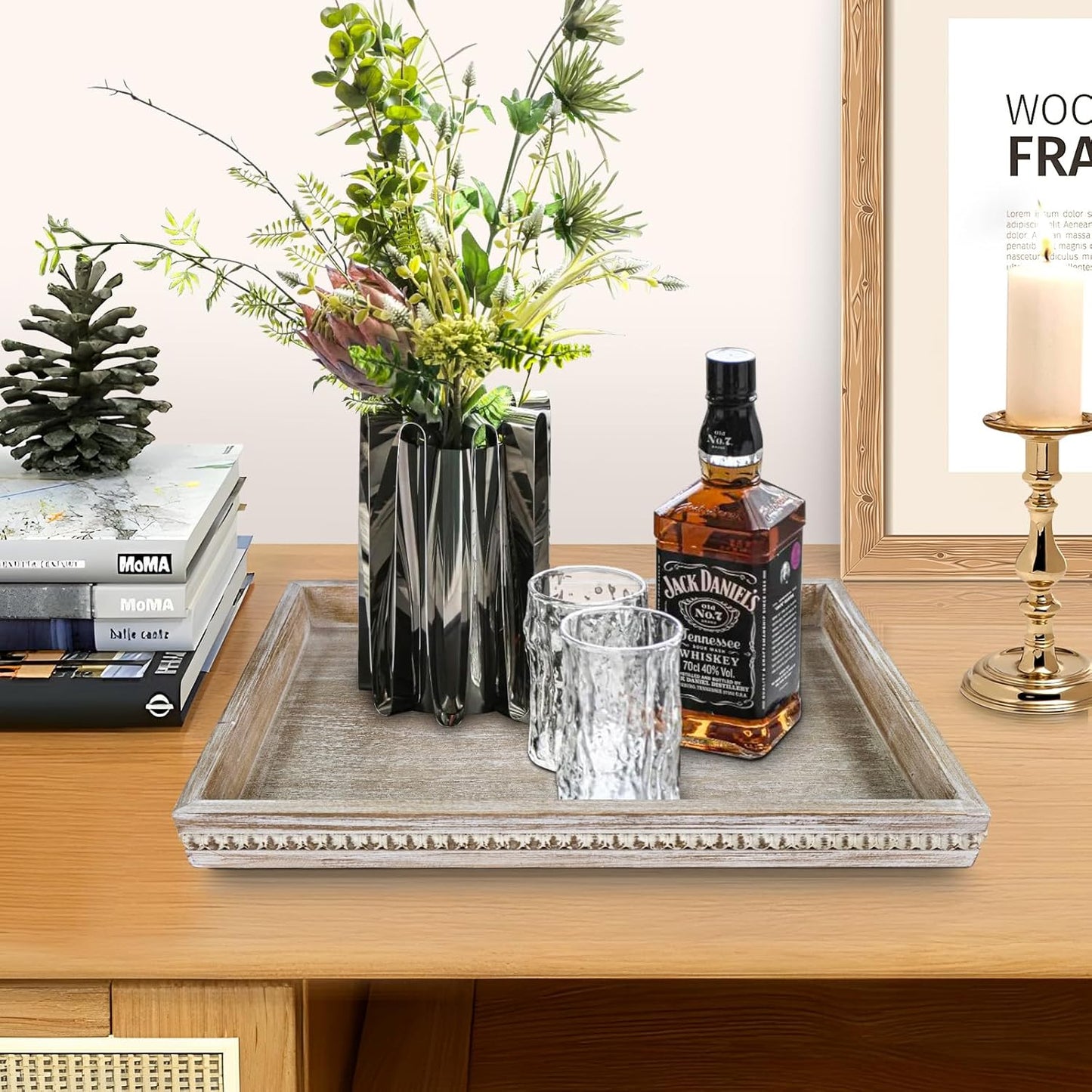 Wooden Decorative Tray, Rectangular Serving Tray with Wood Bead, Farmhouse Big Tray for Ottoman, Countertop, Coffee Tabl, 16.5" x 13"x 1.6" (White Washed)