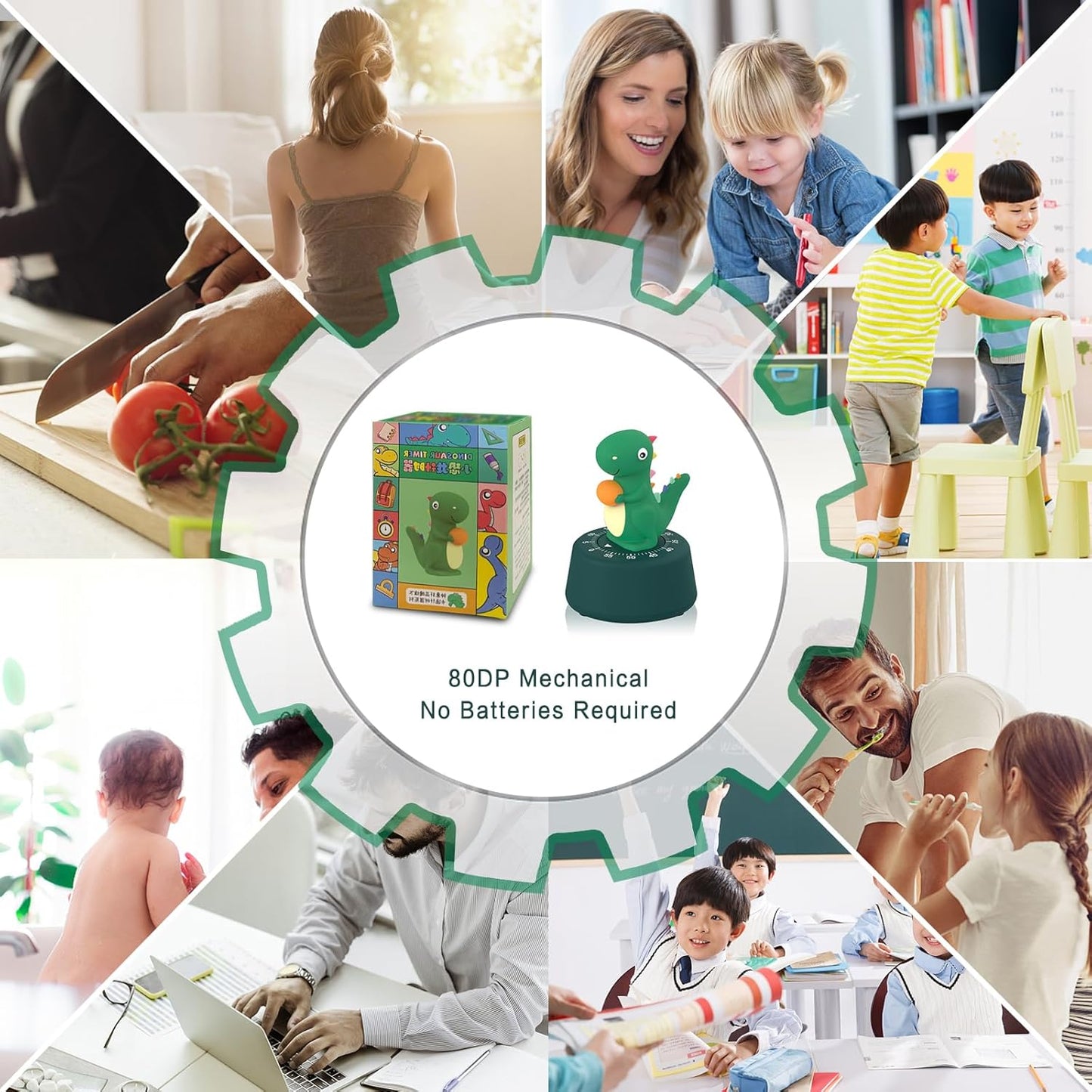 60 Minutes Mechanical Kitchen Timer,Cute Dinosaur Timer for Kids,Wind Up Egg Timer for Cooking,Reading,Classroom and Do Sports. (Dark Green)