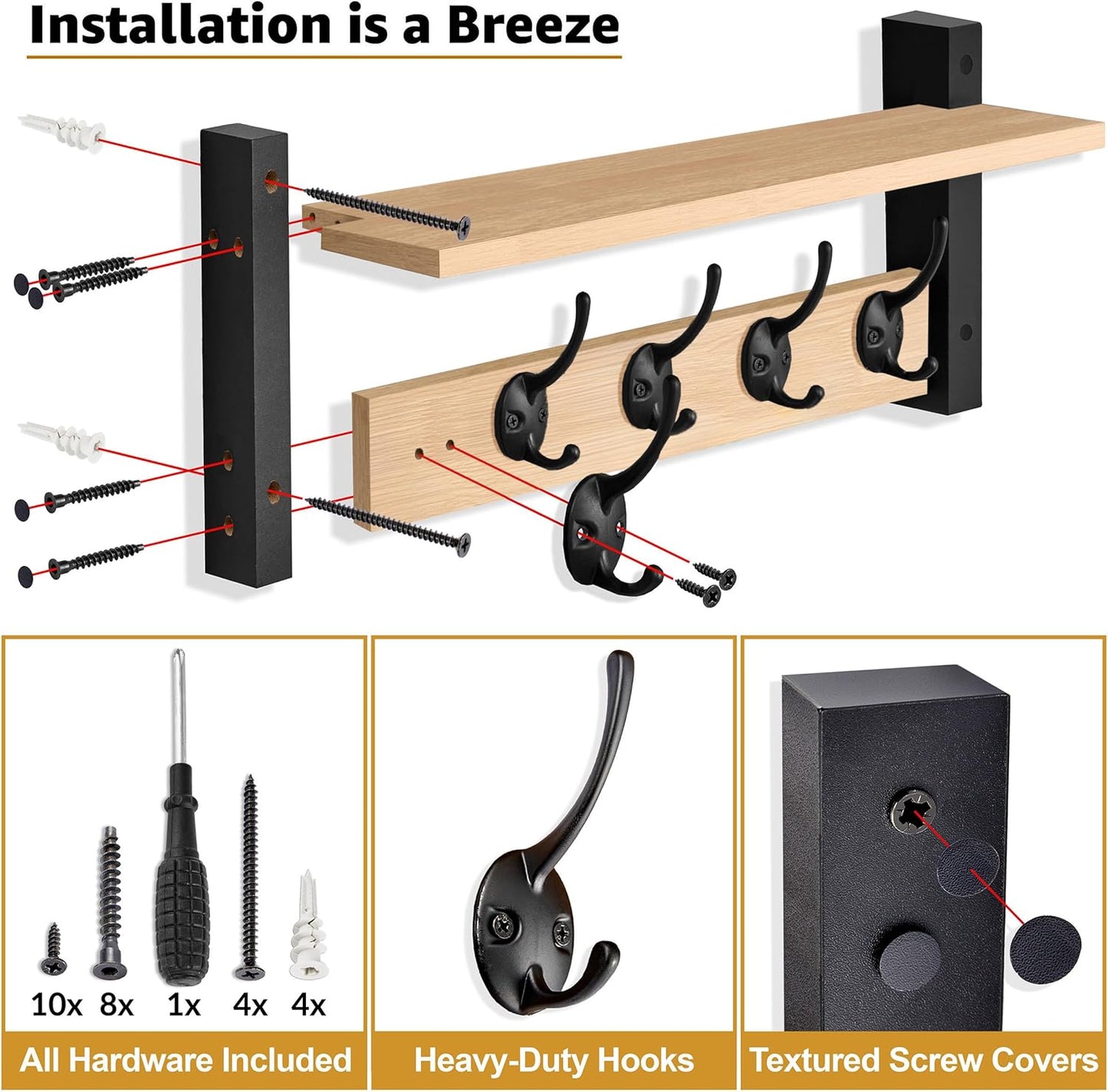 Sorbus Coat Hooks Wall Mount with Shelf – 24 Inch Coat Rack Wall Mount with 5 Heavy Duty Hooks – Floating Wall Shelf with Hooks for Entryway, Bathroom, Bedroom, Kitchen, or Mudroom (Maple Wood)