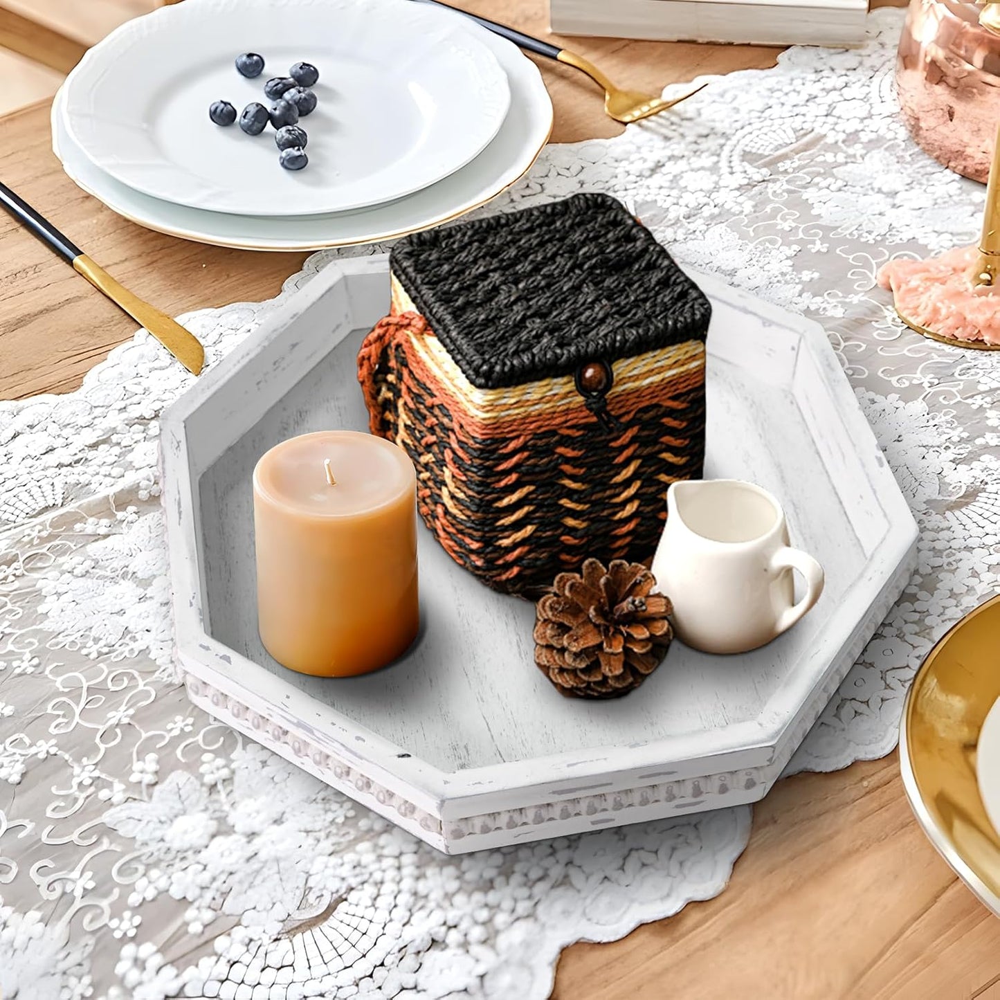 Wooden Decorative Tray, Small Serving Tray with Wood Bead, Farmhouse Big Tray for Ottoman, Countertop, Coffee Tabl, 13" x 13"x 1.6" (Retro White)