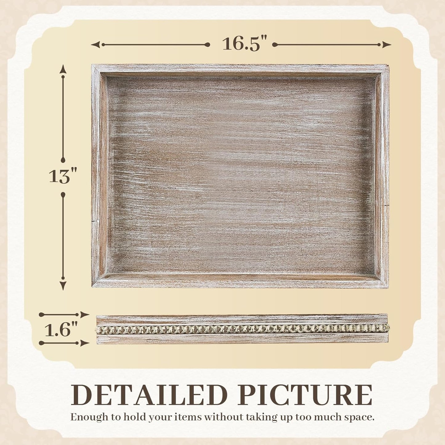 Wooden Decorative Tray, Rectangular Serving Tray with Wood Bead, Farmhouse Big Tray for Ottoman, Countertop, Coffee Tabl, 16.5" x 13"x 1.6" (White Washed)