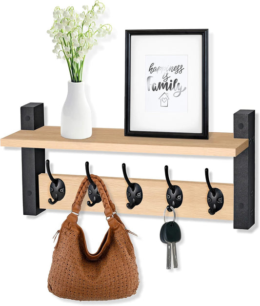 Sorbus Coat Hooks Wall Mount with Shelf – 16 Inch Coat Rack Wall Mount with 5 Heavy Duty Hooks – Floating Wall Shelf with Hooks for Entryway, Bathroom, Bedroom, Kitchen, or Mudroom (Maple Wood)